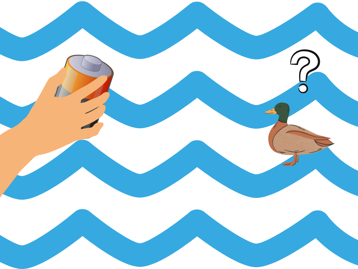 A cartoon of a hand holding a battery, looking like it will throw, and a confused duck.